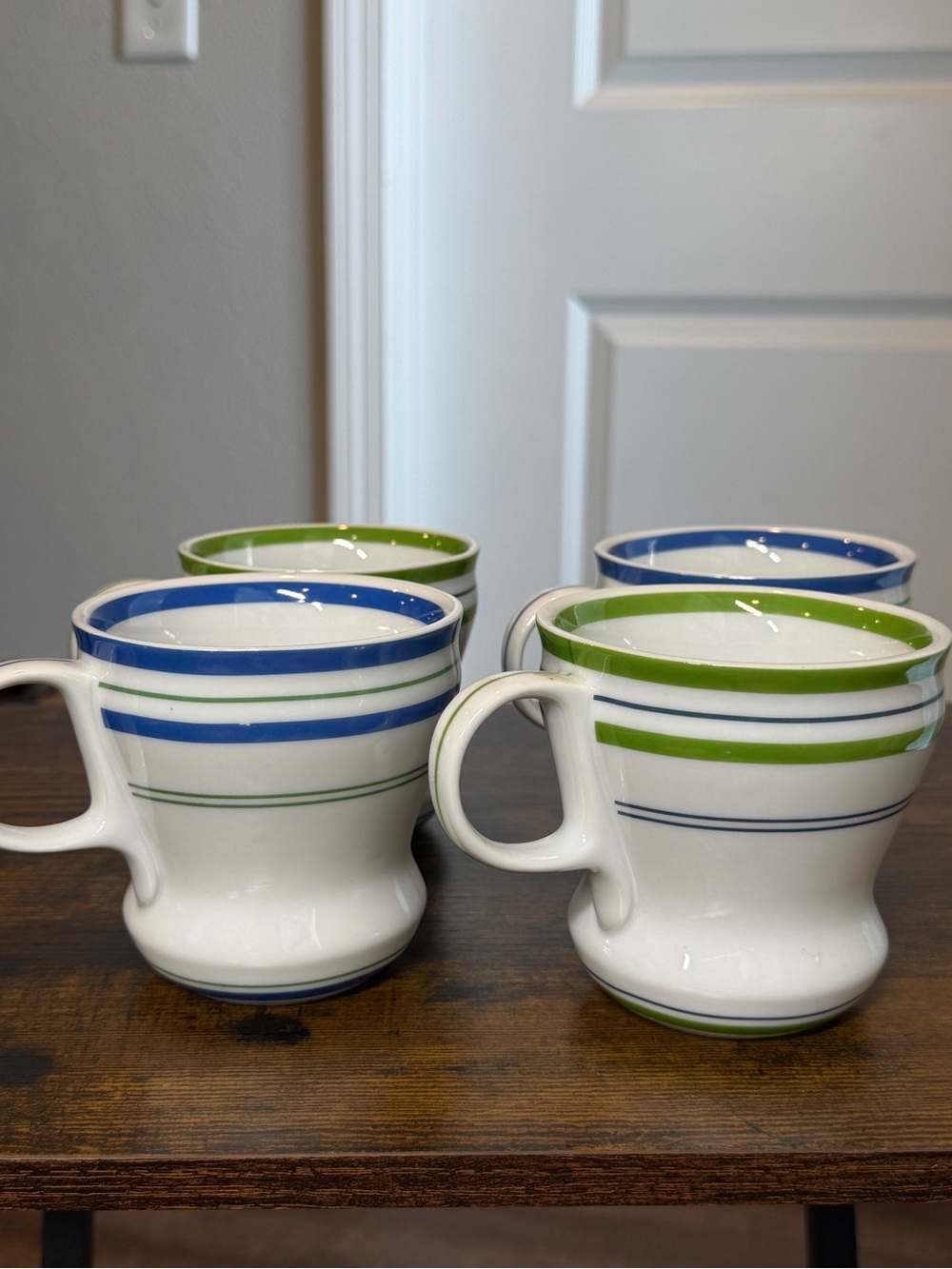 Starbucks 2007 Retro Diner Mugs Set of 4 Blue Green Striped 12 oz Coffee Cups